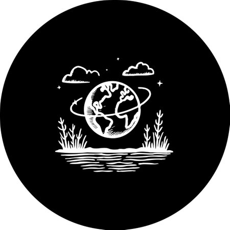 This monochrome illustration depicts a stylized Earth surrounded by atmospheric clouds, celestial sparks, and a simple landscape, evoking themes of nature and conservation.のイラスト素材