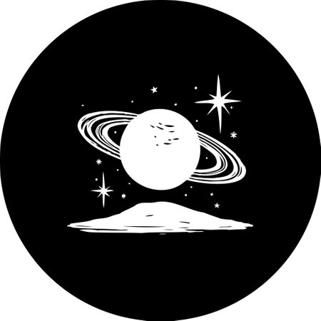 An ethereal illustration showing a celestial sphere surrounded by rings, set against a field of cosmic stars. The minimalist design evokes a sense of wonder and boundless possibility.のイラスト素材