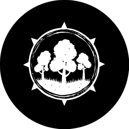 A stylized illustration of three trees in a clearing, enclosed within a circle with compass points. A simple black and white design evokes a sense of exploration and appreciation of nature.のイラスト素材