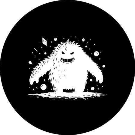 Stylized monochrome illustration of a whimsical yeti character. This design evokes a fun and slightly spooky feeling, perfect for fantasy themed content. A furry creature in black and white tones.のイラスト素材