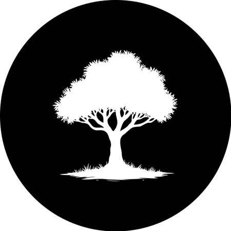 A monochrome vector illustration of a stylized tree. The image is simple, presenting a solitary tree against a stark black background within a circular frame.のイラスト素材