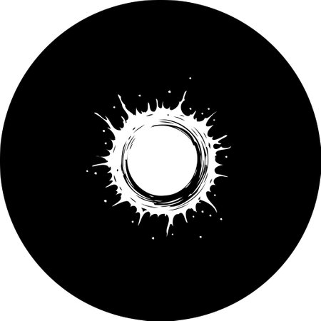 A monochrome, abstract illustration showing a burst or explosion emanating from a central circle. High contrast provides a dynamic and visually striking design suitable for a variety of creative applications.のイラスト素材