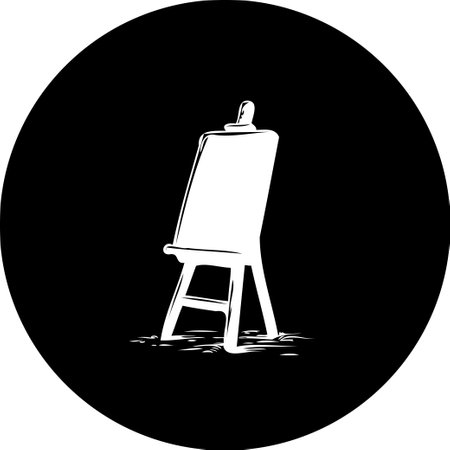 This minimalist illustration portrays a white easel standing against a stark black background. It evokes the spirit of an artist's studio, suggesting creativity and the potential for artistic creation.のイラスト素材