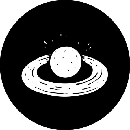 An abstract depiction of a planet, complete with a ring system, set against a solid black background. The illustration has a whimsical, hand-drawn aesthetic.のイラスト素材