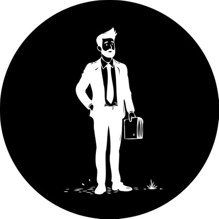 A stylized black and white vector illustration depicts a businessman standing with a briefcase. The minimalist design conveys a sense of professionalism and confidence.のイラスト素材