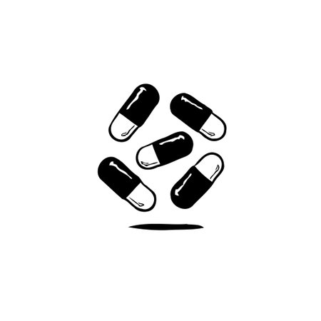 This monochromatic image displays an array of medicine capsules, evoking concepts of medication, wellness, and healthcare solutions for remedies.のイラスト素材