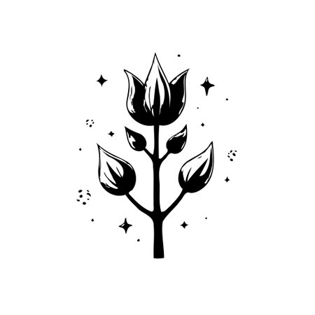 A stylized botanical illustration showcasing a flower in monochrome, surrounded by celestial accents. Evokes a mystic and enchanting atmosphere with its refined lines and subtle details.のイラスト素材