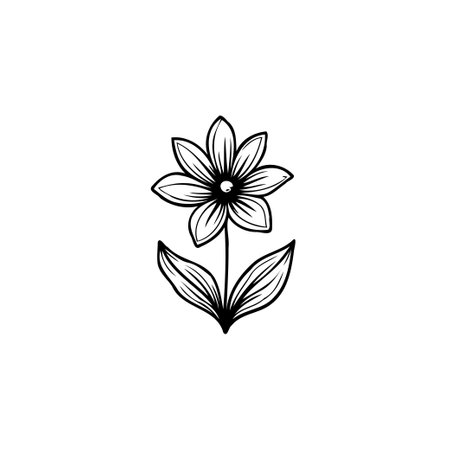 A beautiful, simple, and elegant flower with leaves is showcased in a monochrome style, evoking the beauty of nature and botanical illustrations.のイラスト素材