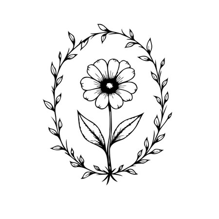 An artistic portrayal of a daisy in bloom, encased within a graceful wreath of leaves. This simple floral sketch emanates natural beauty.のイラスト素材