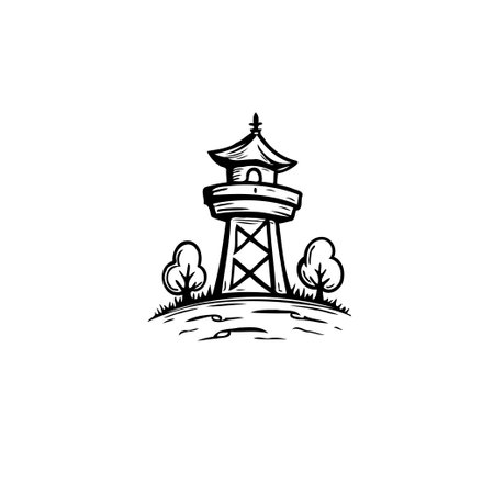 A hand-drawn illustration features a stylized tower with Asian influences, flanked by two trees on a small, grassy hill. The design evokes a sense of tranquility and serene beauty.のイラスト素材