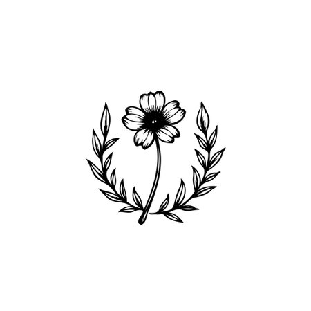 A simple yet elegant floral illustration features a single hand-drawn flower encased within a delicate botanical wreath, capturing the essence of natural beauty and organic design.のイラスト素材