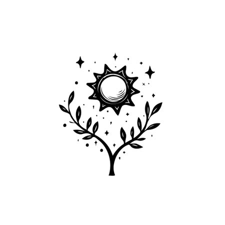 A serene monochrome illustration features a stylized plant with branches reaching towards a celestial sun surrounded by twinkling stars. The design exudes a sense of nature's vitality and ethereal energy.のイラスト素材