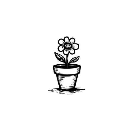 Monochrome botanical illustration featuring a solitary flower nestled in a pot. A fine hatching style adds texture and depth, capturing the understated beauty of indoor plants.のイラスト素材