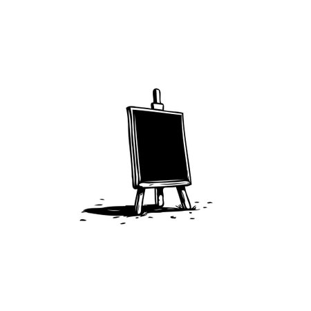 A minimalist illustration shows a black canvas on a simple easel, casting a slight shadow. Perfect for conveying artistic expression, creativity, or a blank slate concept.のイラスト素材