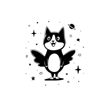 Stylized black and white illustration features a charming, cartoon-like cat with wings, surrounded by sparkling stars and a distant planet. The image is whimsical, perfect for fantasy-themed creative projects.のイラスト素材