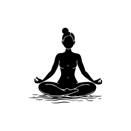 A silhouette of a woman meditates in the lotus position, creating a serene and peaceful scene. Symbolizing wellness, relaxation, and inner balance.のイラスト素材