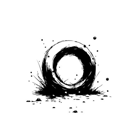 An abstract circular shape created with bold brushstrokes in black ink. It features a raw, textured surface and sporadic ink droplets on a white surface.のイラスト素材