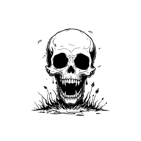 A monochrome illustration of a human skull with dripping ink effect creates a gothic and spooky atmosphere. Perfect for Halloween or any macabre-themed design projects.のイラスト素材