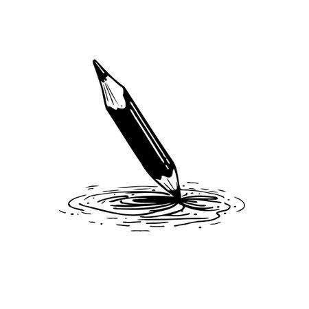 A stylized monochrome illustration depicts a pencil's point creating ripples and circles, conveying a sense of motion and artistic creation.のイラスト素材