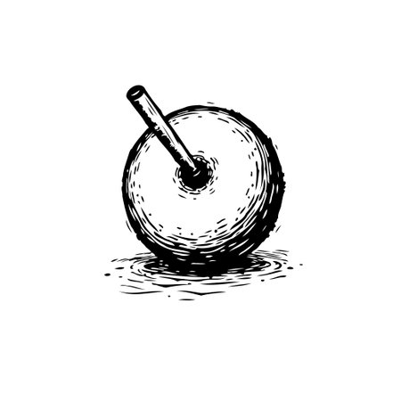 A stark, monochromatic illustration presents a round object with a cylinder inserted. The handmade, textured look gives a vintage and artistic feel.のイラスト素材