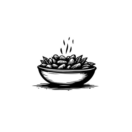 A hand-drawn monochrome illustration shows a steaming bowl filled with beans and herbs. Perfect for themes like food, health, cooking, or traditional cuisine.のイラスト素材