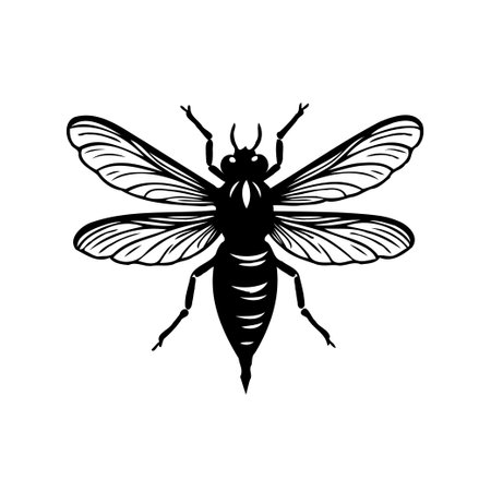 A detailed black and white illustration of a wasp. This graphic is a stylized and artistic representation of the insect, perfect for various design projects or educational purposes.のイラスト素材