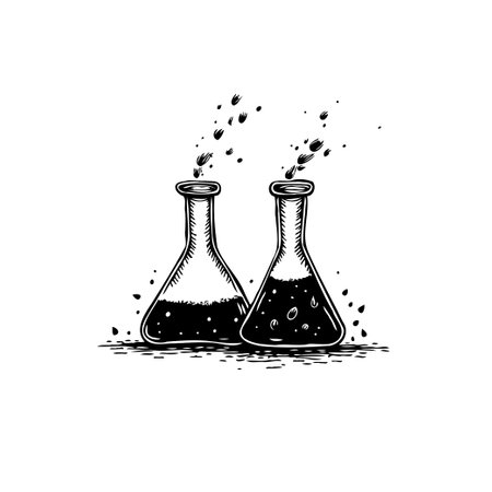 Monochromatic sketch of two conical flasks filled with substances, showcasing a scientific or experimental setup. Ideal for representing chemistry, research, and laboratory concepts.のイラスト素材