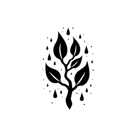 Monochrome illustration of a stylized plant with droplet accents, suggesting growth, nature, and environmental themes. Ideal for designs related to revitalization, simplicity and sustainability.のイラスト素材