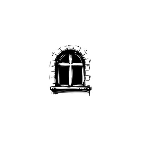 Stylized black and white illustration of an arched window with a rustic stone frame. The cross design within the window gives it a vintage and architectural feel.のイラスト素材