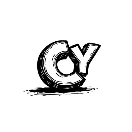 A stark black and white image presents interlocking, bold letters 'C' and 'Y' in a dimensional and stylized graphic form. Rendered with unique textured strokes, suitable for branding or monogram applications.のイラスト素材