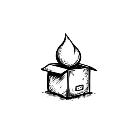 A minimalist illustration of an open box with a pear-shaped element emerging from it. This stark, monochrome sketch creates a sense of something arising from within a contained space.のイラスト素材