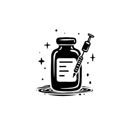 A monochrome illustration features a vial and a syringe, possibly representing a vaccine or medical treatment. It conveys the essence of scientific exploration and medical innovation.のイラスト素材