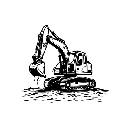 Striking monochromatic illustration of a construction excavator positioned on rough soil. This image is useful for depicting industrial activities and machinery.のイラスト素材