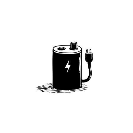 A simple, stylized illustration of a battery with a charging cord, presented in a minimalist black and white aesthetic. Symbolizes energy and technological innovation.のイラスト素材