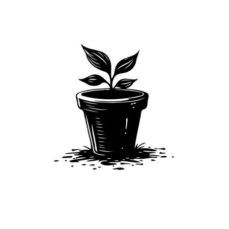 A striking monochrome illustration of a young plant emerging from a terra cotta pot. This piece evokes feelings of growth, new beginnings, and the simple beauty of nature.のイラスト素材