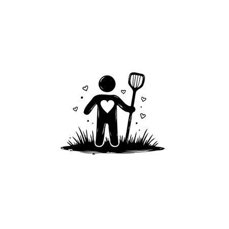 A stylized silhouette of a gardener holds a tool with a heart motif, surrounded by grass and tiny hearts, symbolizing love for gardening and nature's simple beauty.のイラスト素材