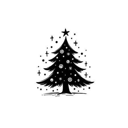 Simple yet elegant illustration of a Christmas tree adorned with decorations and topped with a star. Perfect for holiday cards or festive designs.のイラスト素材