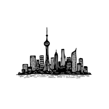 A detailed monochrome silhouette depicts an impressive cityscape with various buildings and architectural structures. The illustration captures the urban skyline in a graphic, artistic sketch style.のイラスト素材