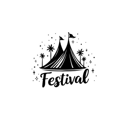 A minimalist design showcasing tents and palm trees, suggesting a vibrant festival or celebratory event. The black and white silhouette creates an elegant and joyful visual.のイラスト素材
