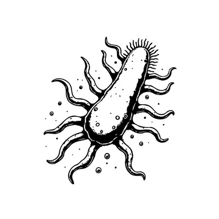 Black and white hand-drawn illustration of a bacterium with various projections. It emphasizes the detailed texture and the simple, yet striking contrast, suggestive of scientific or educational material.のイラスト素材