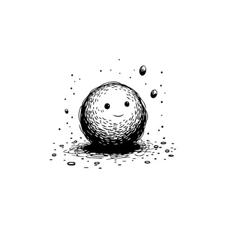 A whimsical, hand-drawn illustration featuring a spherical character with a friendly face, rendered in a simple monochrome style. The playful design evokes a sense of joy and creativity.のイラスト素材