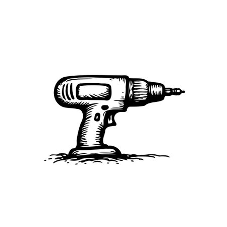 A detailed monochrome drawing presents a power drill. This illustration could represent a tool for home improvement, construction, or creative DIY projects.のイラスト素材