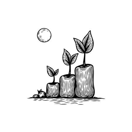 A minimalist monochrome drawing displays three plants in various stages of growth, arranged stepwise. An orb sits above, accentuating themes of nature and development.のイラスト素材