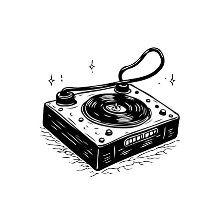 A stylized black and white illustration of a turntable. The design invokes a sense of retro charm and a connection to classic music culture, rendered with artistic flair.のイラスト素材