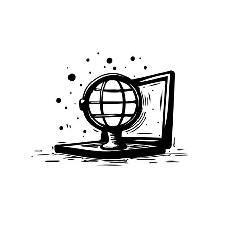 A stylized illustration of a globe emanating from a laptop screen, representing digital connection, global reach, and access to information. This visually captures the essence of modern communication.のイラスト素材