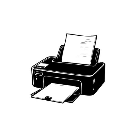 A simple, monochrome image presents a printer, suggesting themes of office work, document...