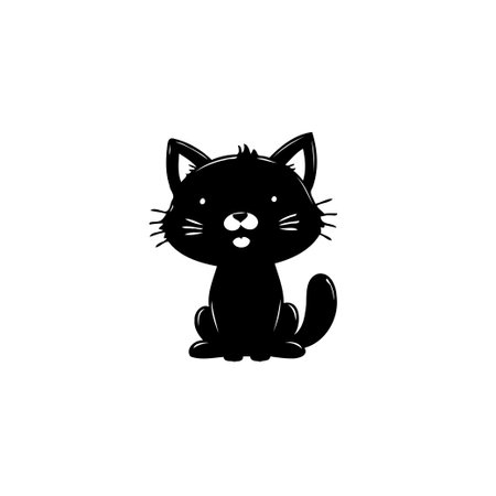 A minimalist black and white image features a charming cat cartoon character. With its sleek silhouette and playful demeanor, it captures the essence of feline elegance and charm.のイラスト素材