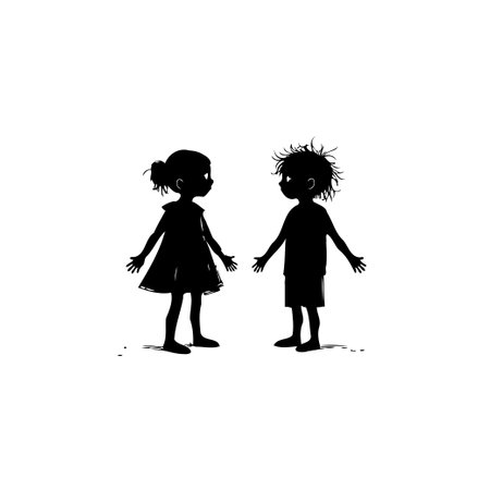 Monochromatic silhouette illustration depicts two children meeting for the first time, evoking feelings of anticipation, friendship, and innocence. The simple yet expressive design captures the essence of childhood's precious moments.のイラスト素材