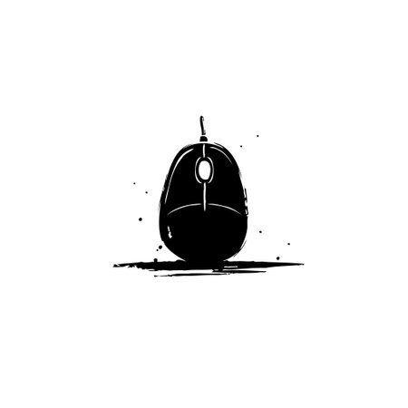 A stark, minimalist illustration showcases a black computer mouse, standing out against a crisp white backdrop. The image highlights the simple elegance of modern tech devices.のイラスト素材