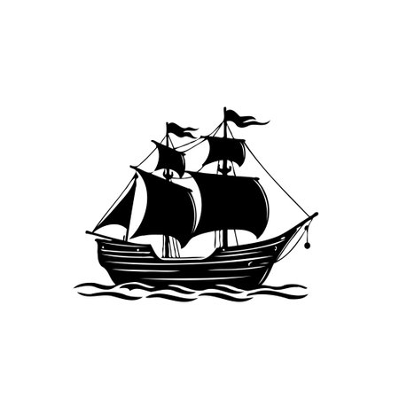 A black silhouette of a vintage sailing ship elegantly navigates stylized waves. The graphic embodies adventure and maritime history, rendered in minimalist vector art.のイラスト素材